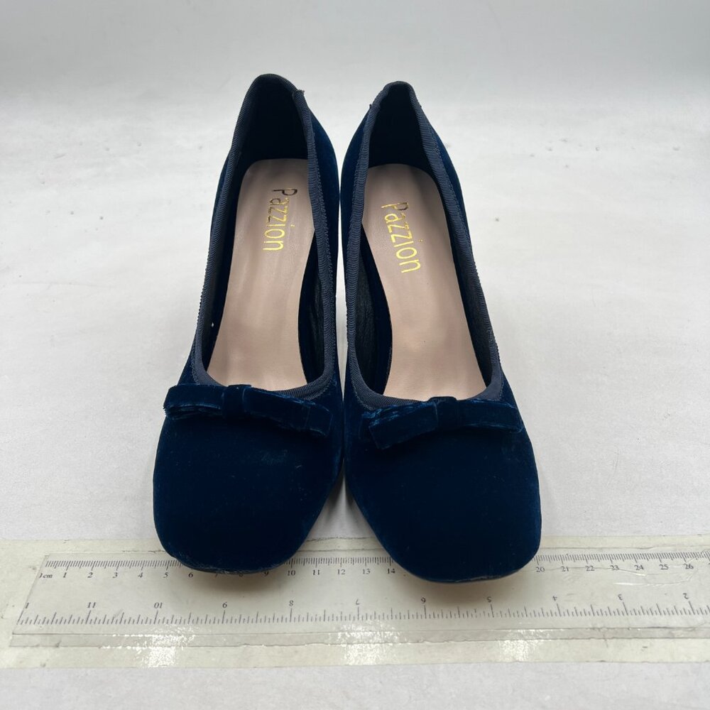 Chic Navy Suede Block Heel Pumps with Bow Accent - Picture 3 of 8